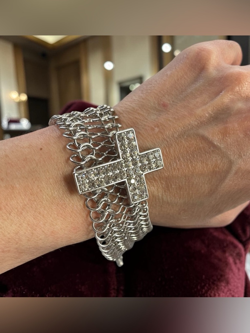 Wide Silver Tone Mesh Cross Bracelet Crystal Statement Bracelet